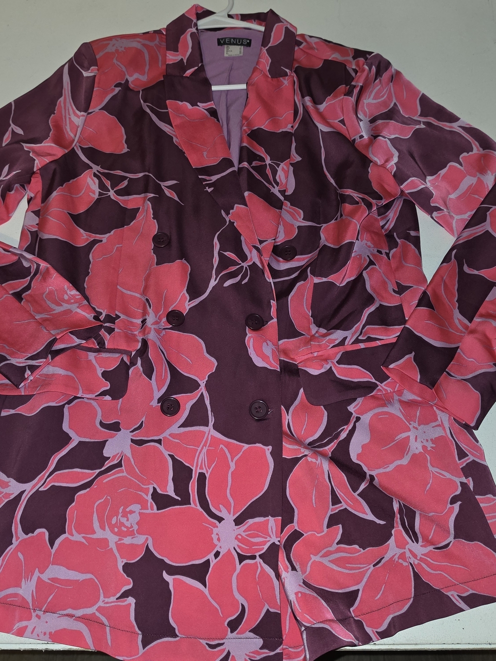 VENUS Pink and Plum Floral Double-Breasted Button-Down Blazer